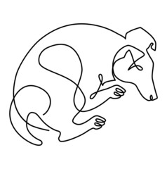 Sleeping smooth-haired fox terrier, humorous illustration. Vector continuous line drawing, isolated on white background.