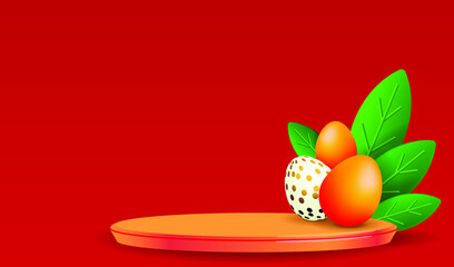 Easter festive composition with golden eggs and green leaves