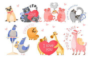 Animal cartoon characters as couples vector illustrations set. Collection of drawings with cute comic animals for wallpaper isolated on white background. Love, Valentine day concept