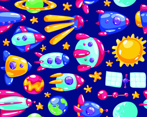 Funny spaceships vector illustration - Seamless pattern