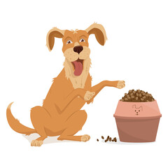 Pet, dog breed golden retriever. Dog food in a bowl. Pellets for feeding animals.Vector illustration, cartoon isolated on white