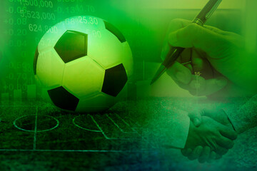 Football with football player hand to sign contract , soccer transfer player, sport news reporter
