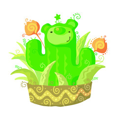 Fototapeta premium Cute bear playing cactus in pot 