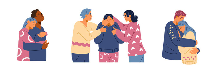 People supporting each other flat vector set. Friends hugging comforting grief and sorrow illustrations.   - obrazy, fototapety, plakaty