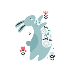 Happy Easter banner, greeting card. Cute blue rabbit with a flower isolated on a white background. Cartoon character funny hare. Bunny in pastel colors. Hand drawn illustration in modern minimal style