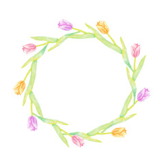 イラスト素材：水彩絵の具で描いたかわいいチューリップのリース（紫・ピンク・黄色）
