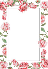 Floral vertical ornament. Blooming flowers of pink roses in a rectangular frame. Hand drawn watercolor isolated on white background for greeting, wedding invitations, cards, labels, banners.