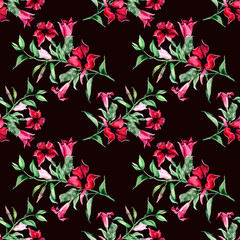 Seamless tropical pattern with red blooming flowers and buds on branches with green leaves. Hand drawn watercolor painting on black background for textile, packaging, wallpaper, fabric, scrapbooking.