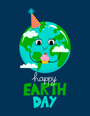 Happy Earth Day - Planet Earth kawaii drawing with birthday cake. Poster or t-shirt textile graphic design. Beautiful illustration. Earth Day environmental Protection. Every year on April 22.