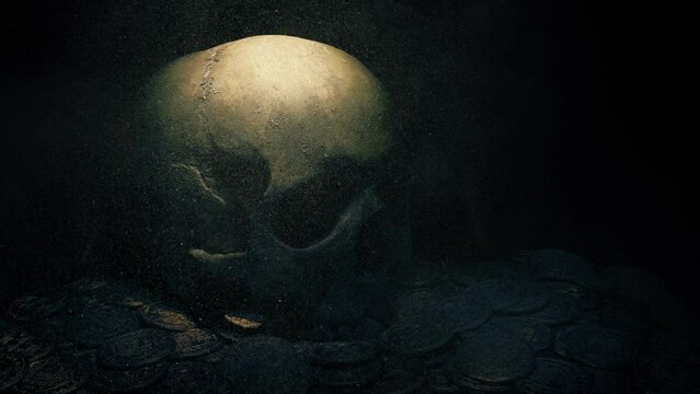 Torch Lights Up Dusty Human Skull On Gold Coins
