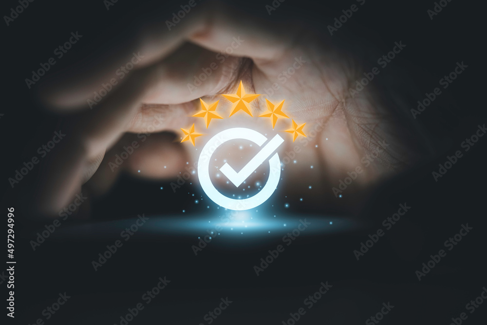 Poster hand protecting and showing the best quality assurance with golden five stars for guarantee product 