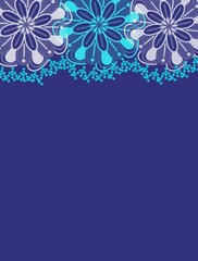 Fototapeta na wymiar Vertical illustration, blue background with lace border and space for text, blue and white abstract flowers border with copyspace