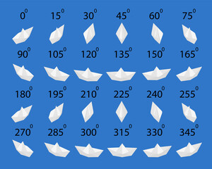 Set of paper boat in isometric. Rotation of the paper boat by 15 degrees for animation.