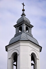 General view and architectural details of the chapel built in 1856 and the Catholic Church of the Blessed Virgin Mary in Kundzin in Podlasie, Poland.