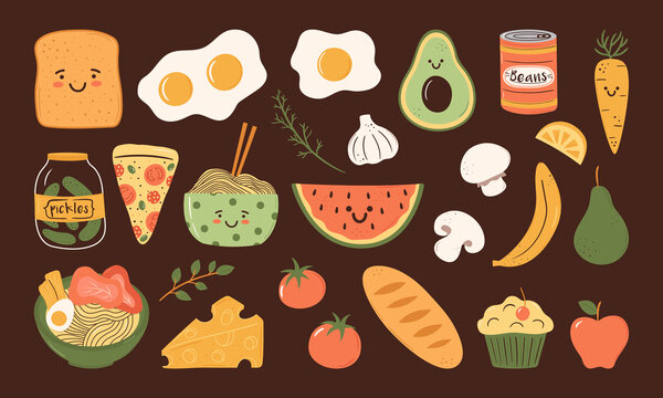 Hand drawn vector set of cute food elements. Bread, fried eggs, beans, avocado, noodles, ramen, watermelon doodle illustrations. Funny characters of meals. Breakfast, lunch and dinner collection