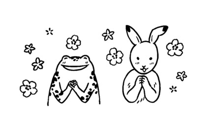鳥獣戯画　うさぎとカエルが喜んでいるイラストレーション