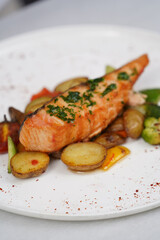 Grilled salmon and baked vegetable on a white plate