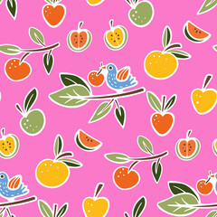 Seamless pattern with apples and birds.