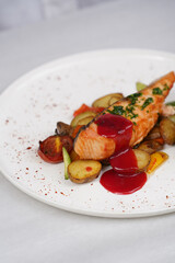 Grilled salmon and baked vegetable on a white plate