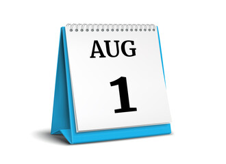 Calendar on white background. 1 August. 3D illustration.