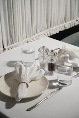 Table setting with plate, knife, fork and napkin