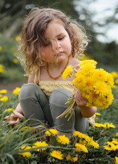 Little cute girl with curly blond hair gathering yellow bouquet of dandelions in a field of flowers...