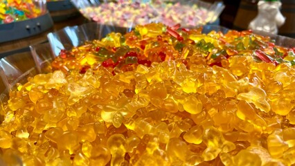 Different sweets on the counter are laid out all the colors of the rainbow as much as the saliva flows from jelly figurines to pasta and chocolate. High quality 4k footage