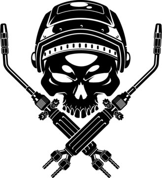 human skull with welding mask and crossed welding torches