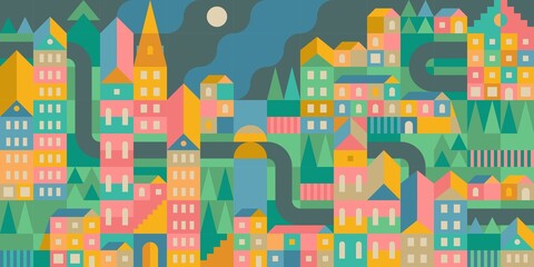Seamless Abstract Night Urban Vector Bauhaus Swiss Geometric City Pattern Design Background 