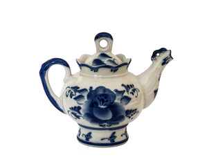 A teapot in the style of Russian folk craft gzhel on a white background isolated
