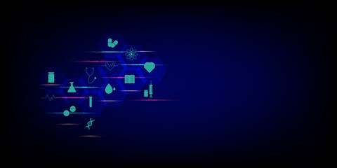 Telemediciene concept. Hexagonal shape with the icons of medical such as a syringe, drug, DNA, capsule, heart rate, and stethoscope on blue background. E-healthy and innovative medical diagnosis.