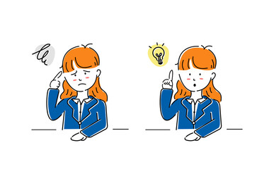スーツ姿の女性イラストセット　悩む/解決　