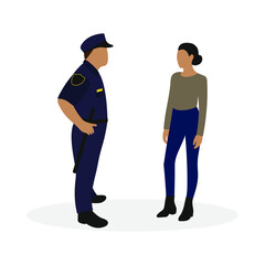 Policeman in uniform and female character together on white background
