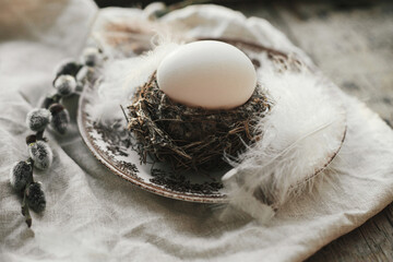 Natural egg in nest with feathers, vintage plate,  pussy willow branches and napkin on aged wood. Rustic Easter still life. Easter table decoration. Moody image