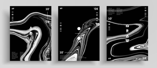 Abstract liquid banner, fluid art vector texture collection. Beautiful background that applicable for design cover, poster, brochure and etc. Black and white unusual creative surface template.