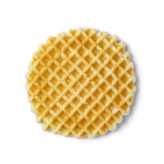 Single round Belgian waffles isolated on white background, top view. Thin golden waffled cookie.