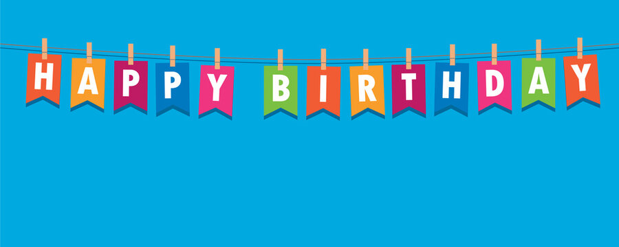 happy birthday party flags banner on blue background