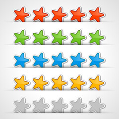 Colored star rating vector icon. Bright red pentagonal badges for social web approval. Green game design ornament with blue blur. Yellow and monochrome template in creative interface.