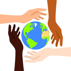 Women's hands of different skin tones holding planet Earth isolated on a white background. Earth day concept