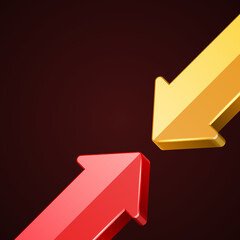 Opposite directed arrows pointers vector template. Red and yellow volumetric indicator of financial profit with indicator. Red presentation navigation shapes with informational advertising.