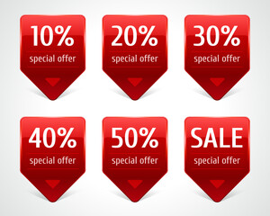 Web advertising label vector template. Red checkbox for discounts and promotional offers. Special holiday prices with percentage reduction in retail. Favorable business management and pricing.