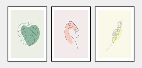 Set of trendy posters with tropical illustration in one line style.