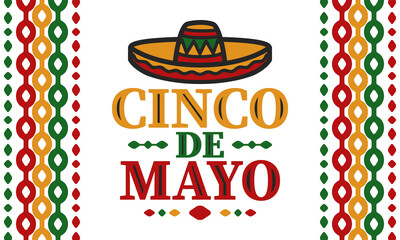 Cinco de Mayo in Mexico. Traditional mexican fiesta in May. National happy holiday with carnival, festival and parade. Latin american and spanish pattern. Illustration with sombrero. Vector poster