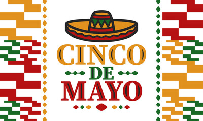 Cinco de Mayo in Mexico. Traditional mexican fiesta in May. National happy holiday with carnival, festival and parade. Latin american and spanish pattern. Illustration with sombrero. Vector poster