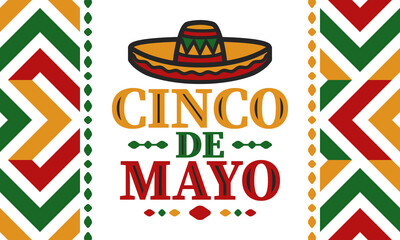 Cinco de Mayo in Mexico. Traditional mexican fiesta in May. National happy holiday with carnival, festival and parade. Latin american and spanish pattern. Illustration with sombrero. Vector poster
