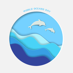 Fototapeta na wymiar World Oceans Day with paper cut wave and dolphins on round frame