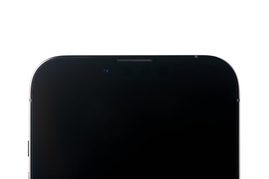 Moscow, Russia, 26,03.2022 - Top part of iphone 13pro screen with front camera lens, speaker isolated on white background. Iphone 13pro smartphone. Apple gadgets.