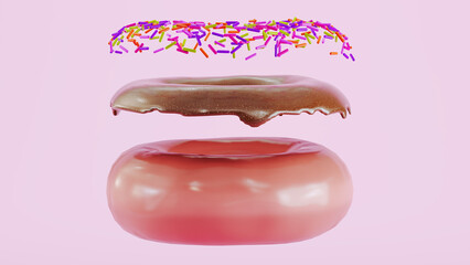 3D render of Chocolate donuts with chocolate icing and sugar sprinkles floating,