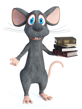 3D rendering of a cartoon mouse holding a pile of books.