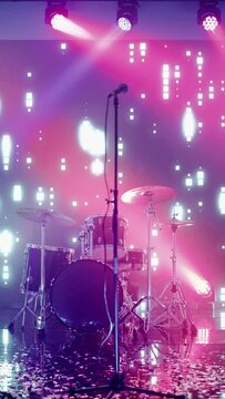 Vertical Footage of Empty Concert Stage in a Night Club. Professional Drum Kit and Other Music Equipment for Live Gig with Rock Band. Confetti on the Dance Floor. Bright Colorful Lights on Stage.